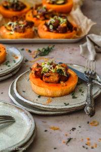 Roasted Butternut Squash recipe; boats with marinaded aubergine, courgettes and onions and infused with citrus orange, paprika, thyme and cinnamon. Edward Daniel ©.
