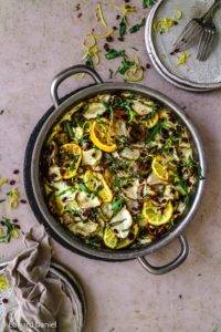 Baked Jerusalem Artichokes recipe; with almond cream, citrus lemon, shallot, garlic, lemony tarragon and sour barberries. Edward Daniel ©.