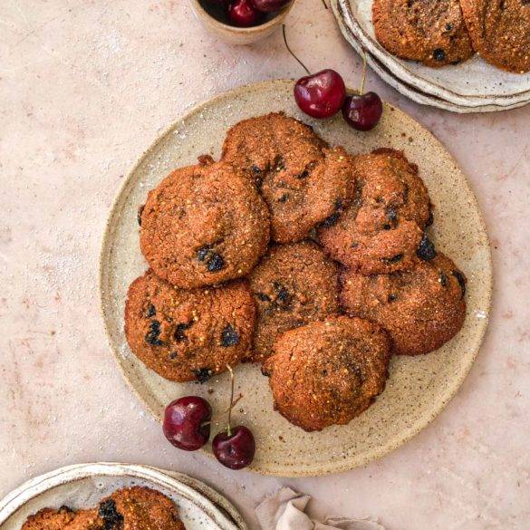 Crispy moist gooey Vegan gluten-free Sour Cherry Cookies recipe; with blackstrap molasses, muscovado sugar, in an almond and millet pastry bed. Edward Daniel ©.