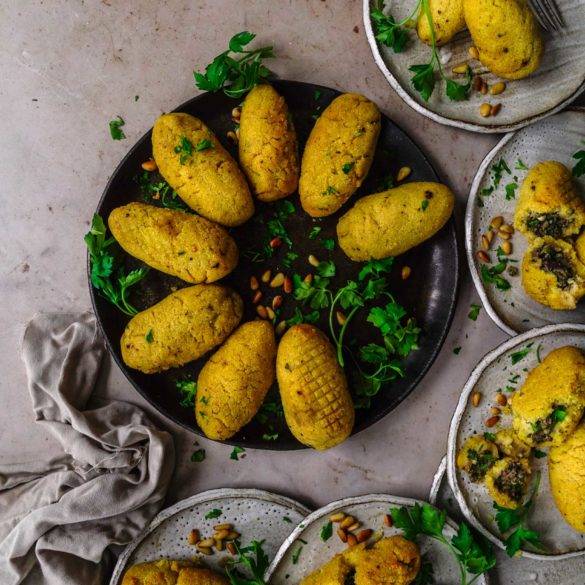 Vegan Koupes recipe, Greek/Cypriot cuisine; umami mushroom, kalamata olives, onions, garlic, parsley and pine nuts encased in a bulgur wheat polenta pastry. Edward Daniel ©.