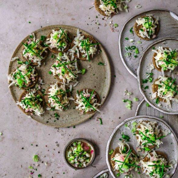 Raw Salsify with Cucumber Mignonette aka Vegan Oyster, and Vegan Seafood recipe; crunchy oyster-like salsify with cucumbers, wine vinegar, shallots, cracked black pepper and chives. Edward Daniel ©.