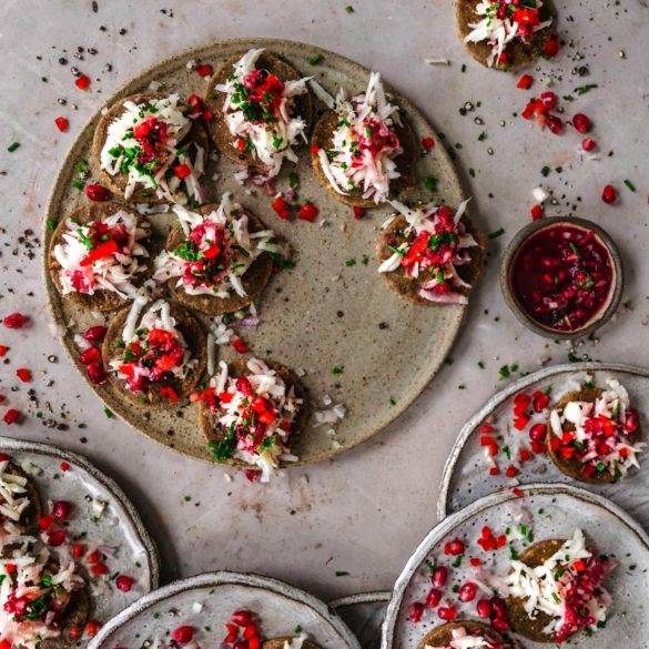 Raw Salsify with Pomegranate Mignonette aka Vegan Oyster, and Vegan Seafood recipe; crunchy oyster-like salsify with pomegranates, pepper, sherry vinegar, shallots and cracked black pepper. Edward Daniel ©.