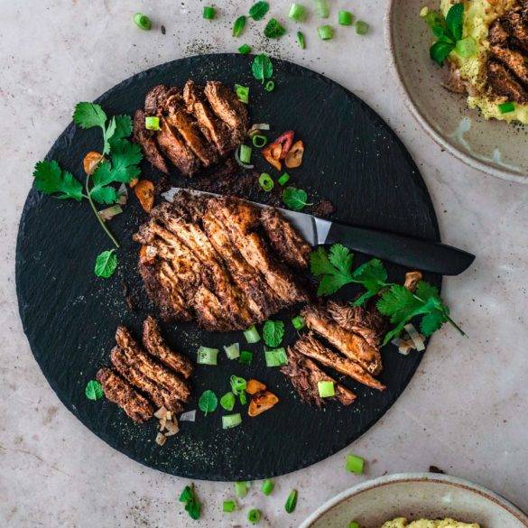 Caramelised umami seared Lion’s Mane aka Vegan Steak baked in an allspice, paprika, cinnamon, Star Anise, ginger marinade; Seared Lion’s Mane Steak recipe. Edward Daniel ©.