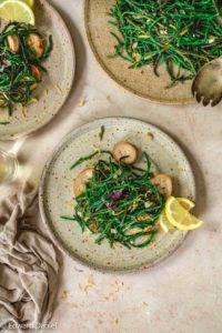 Mineral rich freshly foraged Blanched Marsh Samphire with citrus lemon and sliced garlic lightly sauteed in creamy butter. Edward Daniel ©.