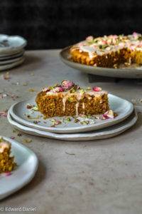 Moist pillowy Rose and Pistachio Cake recipe; with cardamon and citrus lemon in a polenta pistachio pastry. Edward Daniel ©.