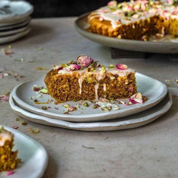 Moist pillowy Rose and Pistachio Cake recipe; with cardamon and citrus lemon in a polenta pistachio pastry. Edward Daniel ©.