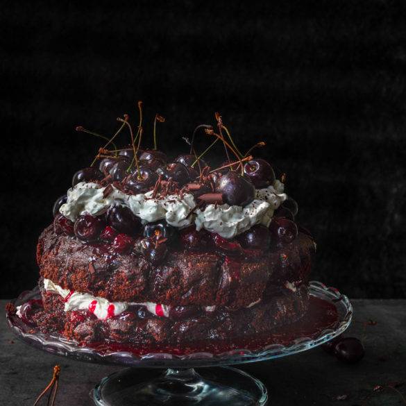Spongy sandwiched chocolate cake with a burst cherry sauce topped with fluffy silky oat cream and chocolate shavings; Black Forest Gateau. Edward Daniel ©.