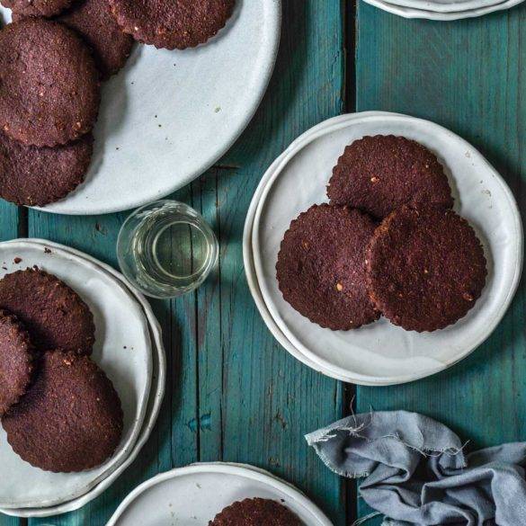 Crisp oat almond cocoa unleavened baked biscuits with a hint of bitter blackstrap molasses; Chocolate Digestives. Edward Daniel ©.