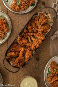 Sizzling bite-sized Vegan Popcorn Chicken; oyster mushrooms with oregano, paprika and garlic in a crisp rice, cassava and polenta coating. Edward Daniel ©.