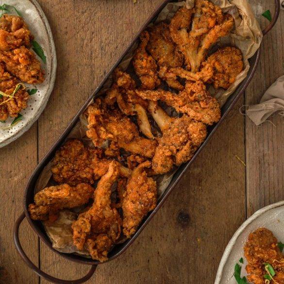 Sizzling bite-sized Vegan Popcorn Chicken; oyster mushrooms with oregano, paprika and garlic in a crisp rice, cassava and polenta coating. Edward Daniel ©.