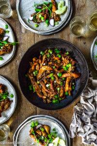 Savoury mouth-watering Vegan Mongolian Chicken Wings with oyster mushrooms marinated in a rich soy, maple, Siracha, garlic and ginger sauce. Edward Daniel ©.