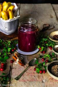 Piercing tangy Hawthorn Ketchup with warming cloves, cinnamon, allspice, coriander and a flaming chipotle kick. Edward Daniel ©.
