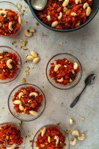 Moist pillowy stewed carrots with plump juicy sultanas and nutty pistachios, almonds and cashews; Carrot Halva. Edward Daniel ©.