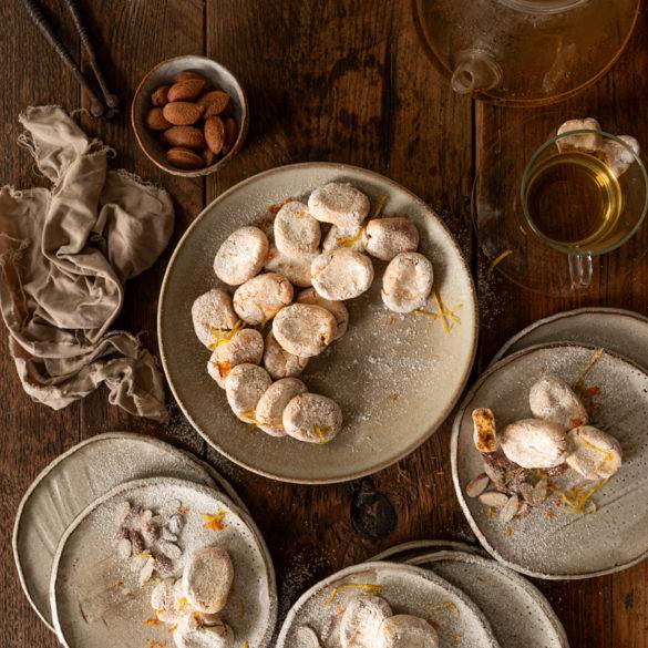 Ricciarelli Sweet nutty almonds with floral orange blossom water and citrus lemon zest; vegan gluten-free Ricciarelli, Italian Cookies. Edward Daniel ©.